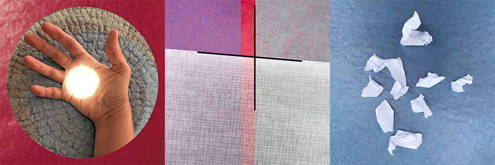 Three squares in a row. The left square shows an open hand, palm up, in a blue and grey circle inside a red square, in the center of the palm is a white circle of light. The center square shows a black plus sign on top of layers of colored semi-translucent paper in red, purple, white and dove grey. The right square shows white pieces of torn paper scattered on a sky blue square.